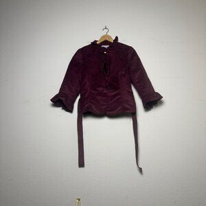 VTG Nygard Collection Jacket Blouse Top Ruffle Belted Tie Women 10 Burgundy Chic